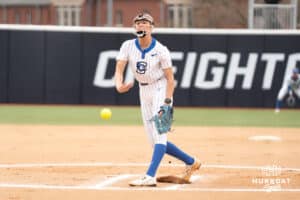 Creighton Bluejays Kenzie Schopfer pitches during a softball game against Omaha on April 1st, 2025 in Omaha Nebraska. Photo by Brandon Tiedemann.