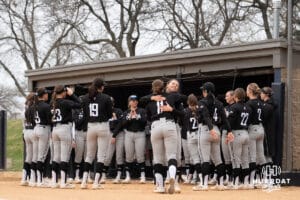 Omaha Mavericks before a college softball game against Creighton on April 1st, 2025 in Omaha, Nebraska. Photo by Brandon Tiedemann.