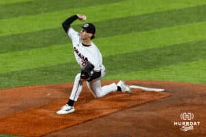 Omaha Maverick pitcher Maddox Meyer (28) throws a ptich in the ninth inning against the Nebraska Cornhuskers during a college baseball game Wednesday, April 2, 2025 in Omaha, Nebraska. Photo by John S. Peterson.