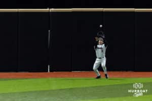 maha Maverick outfielder Kael Babin (3) makes the final out against the Nebraska Cornhuskers during a college baseball game Wednesday, April 2, 2025 in Omaha, Nebraska. Photo by John S. Peterson.