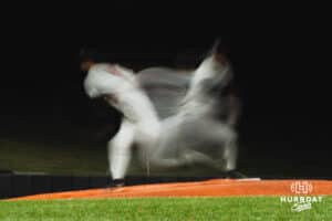 Omaha Maverick Luke Gainer's pitching motion being shown over long exposure at the mound during a baseball game at Tal Anderson Field on April 2nd, 2025 in Omaha Nebraska. Photo by Collin Stilen.