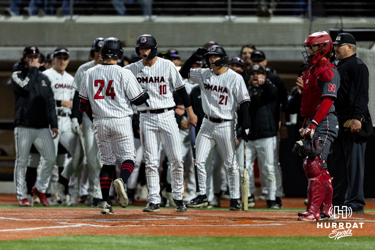 Omaha Maverick infielder Drew Borner (24) crosses home after hitting a home run against the Nebraska Cornhuskers in th seventh inning during a college baseball game Wednesday, April 2, 2025 in Omaha, Nebraska. Photo by John S. Peterson.