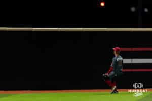 Nebraska Cornhusker outfielder Max Buettenback (11) watches the ball go over the wall from Omaha Maverick Drew Borner home run in the seventh during a college baseball game Wednesday, April 2, 2025 in Omaha, Nebraska. Photo by John S. Peterson.