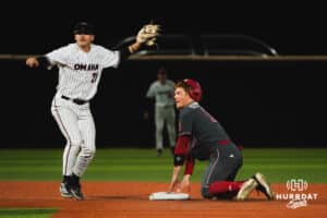Omaha Maverick Sam Beck and Nebraska Cornhusker Max Buettenback during a baseball game at Tal Anderson Field on April 2nd, 2025 in Omaha Nebraska. Photo by Collin Stilen.
