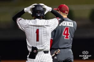 Omaha Maverick Henry Zipay (1) reacts to hitting a triple scoring three runs against the Nebraska Cornhuskers in the fifth inning during a college baseball game Wednesday, April 2, 2025 in Omaha, Nebraska. Photo by John S. Peterson.