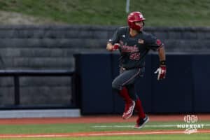 Nebraska Cornhusker infielder Tyler Stone (55) runs home against the Omaha Mavericks during a college baseball game Wednesday, April 2, 2025 in Omaha, Nebraska. Photo by John S. Peterson.