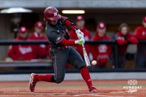 Nebraska Cornhusker utility Cayden Brumbaugh (0) hits a double bringing in Case Sanderson in the fourth inning against the Omaha Mavericks during a college baseball game Wednesday, April 2, 2025 in Omaha, Nebraska. Photo by John S. Peterson.