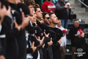 Omaha Maverick head coach Evan Porter and team line up for the national anthem during a baseball game at Tal Anderson Field on April 2nd, 2025 in Omaha Nebraska. Photo by Collin Stilen.