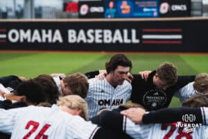 Omaha Mavericks gather in a circle of prayer before the game during a baseball game at Tal Anderson Field on April 2nd, 2025 in Omaha Nebraska. Photo by Collin Stilen.