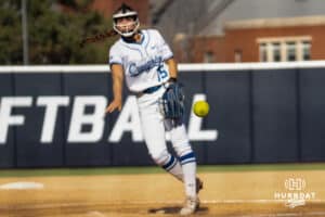 Creighton Bluejays Brooklyn Patchen throws a pitch against the UConn Huskies during a college softball game on March 28th, 2025 in Omaha, Nebraska. Photo by Brandon Tiedemann.