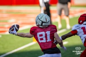 Nebraska Cornhusker wide receiver Hayes Miller (81) makes a one-handed catch during Nebraska football practice Thursday, March 27, 2025 in Lincoln, Nebraska. Photo by John S. Peterson.