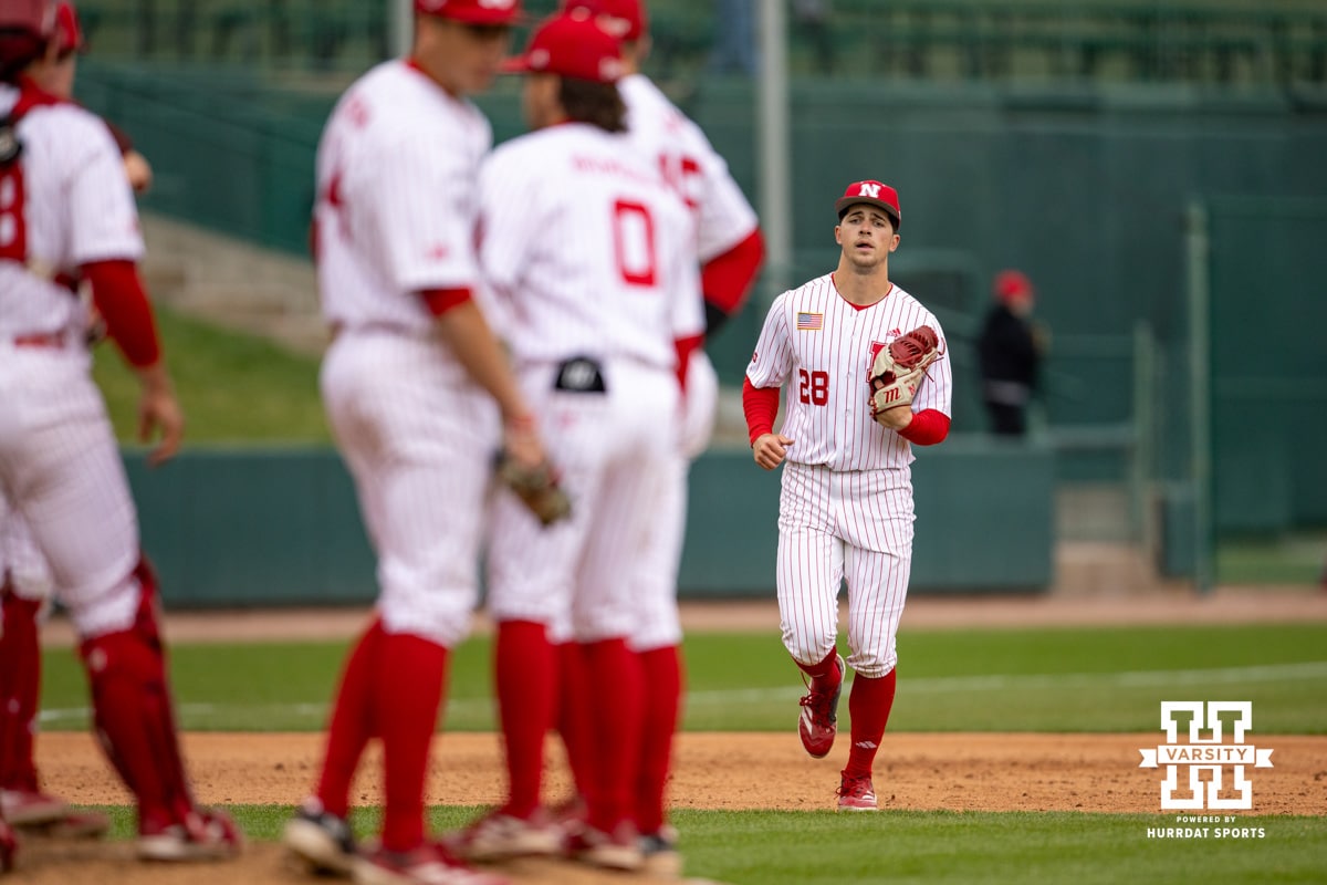 Nebraska Cornhusker pitcher Luke Broderick (28) in to pitch against the Creighton Bluejays in the ninth inning during a college baseball game Tuesday, April 1, 2025 in Lincoln, Nebraska. Photo by John S. Peterson.