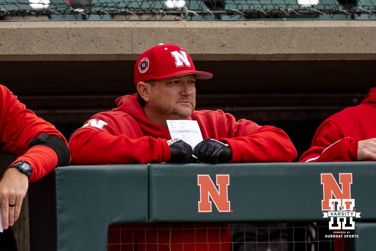 Nebraska Cornhusker head coach Will Bolt watching the action on the field against the Creighton Bluejays during a college baseball game Tuesday, April 1, 2025 in Lincoln, Nebraska. Photo by John S. Peterson.