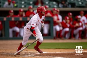 Nebraska Cornhusker outfielder Riley Silva (1) singles scoring Buettenback and Helligso in the second against the Creighton Bluejays during a college baseball game Tuesday, April 1, 2025 in Lincoln, Nebraska. Photo by John S. Peterson.