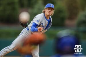 Creighton Bluejay pitcher Ian Koosman (24) throws a pitch against the Nebraska Cornhuskers during a college baseball game on Tuesday, April 1, 2025, in Lincoln, Nebraska. Photo by Jansen Coburn.