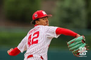Nebraska Cornhusker pitcher Jalen Worthley (42) throws a pitch against the Creighton Bluejays during a college baseball game on Tuesday, April 1, 2025, in Lincoln, Nebraska. Photo by Jansen Coburn.