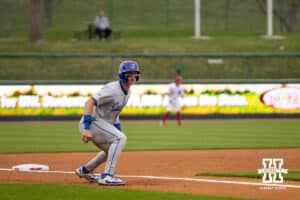 Creighton Bluejay outfielder Tate Gillen (20) leads off third in the first inning during a college baseball game Tuesday, April 1, 2025 in Lincoln, Nebraska. Photo by John S. Peterson.