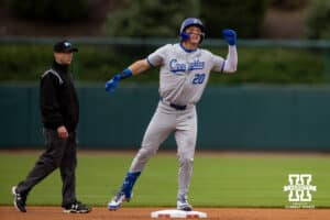 Creighton Bluejay outfielder Tate Gillen (20) celebrates hitting a double in the first inning against the Nebraska Cornhuskers during a college baseball game Tuesday, April 1, 2025 in Lincoln, Nebraska. Photo by John S. Peterson.