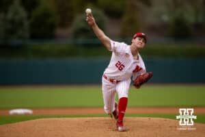 Nebraska Cornhusker pitcher TJ Coats (26) throws a pitch in the first half during a college baseball game Tuesday, April 1, 2025 in Lincoln, Nebraska. Photo by John S. Peterson.