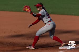 Nebraska Cornhusker Jordyn Bahl (98) makes a an out at first base against the Purdue Boilermakers in the fifth inning during a college softball game Monday, March 31, 2025 in Lincoln, Nebraska. Photo by John S. Peterson.