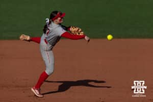 Nebraska Cornhusker Ava Kuszak (7) throws to first against the Purdue Boilermakers during a college softball game Monday, March 31, 2025 in Lincoln, Nebraska. Photo by John S. Peterson.