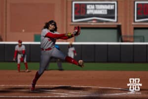 Nebraska Cornhusker Kylee Magee (31) throws a pitch against the Purdue Boilermakers in the fourth inning during a college softball game Monday, March 31, 2025 in Lincoln, Nebraska. Photo by John S. Peterson.