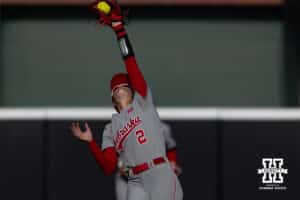 Nebraska Cornhusker Lauren Camenzind (2) makes a catch for an out against the Purdue Boilermakers in the fourth inning during a college softball game Monday, March 31, 2025 in Lincoln, Nebraska. Photo by John S. Peterson.