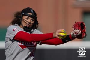 Nebraska Cornhusker Kylee Magee (31) throws a pitch against the Purdue Boilermakers in the fourth inning during a college softball game Monday, March 31, 2025 in Lincoln, Nebraska. Photo by John S. Peterson.