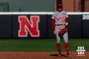 Nebraska Cornhusker Jordyn Bahl (98) at first base waiting for a Purdue batter during a college softball game Monday, March 31, 2025 in Lincoln, Nebraska. Photo by John S. Peterson.