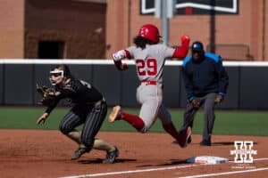 Nebraska Cornhusker Samantha Bland (29) gets a single against the Purdue Boilermakers in the second inning during a college softball game Monday, March 31, 2025 in Lincoln, Nebraska. Photo by John S. Peterson.