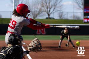 Nebraska Cornhusker Samantha Bland (29) gets a hit against the Purdue Boilermakers in the second inning during a college softball game Monday, March 31, 2025 in Lincoln, Nebraska. Photo by John S. Peterson.