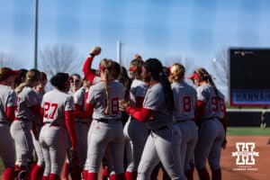 Nebraska Cornhuskers celebrates Hannah Camenzind home run at home plate in the first inning against the Purdue Boilermakers during a college softball game Monday, March 31, 2025 in Lincoln, Nebraska. Photo by John S. Peterson.