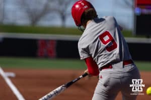 Nebraska Cornhusker Hannah Camenzind (9) hits a home run in the first inning against the Purdue Boilermakers during a college softball game Monday, March 31, 2025 in Lincoln, Nebraska. Photo by John S. Peterson.
