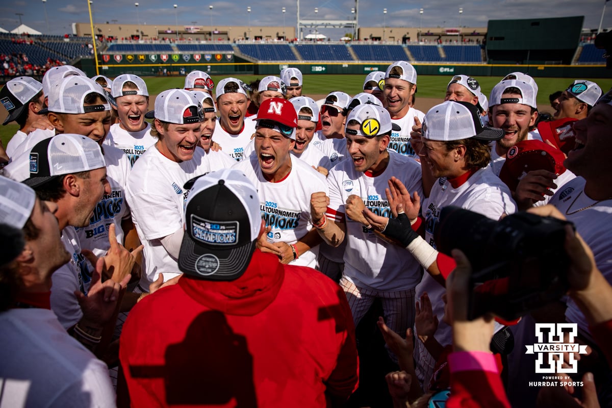 Nebraska Cornhuskers celebrate the win over the UCLA Bruins during the Big Ten Baseball Tournament Championship Game on Sunday, May 25, 2025 in Omaha, Nebraska. Photo by John S. Peterson.