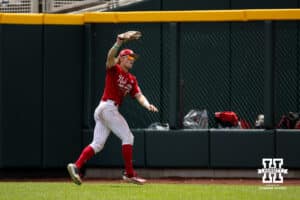 Nebraska Cornhusker outfielder Robby Bolin (5) makes a catch for the final out against the Oregon Ducks in the ninth inning during the Big Ten Baseball Tournament on Saturday, May 24, 2025 in Omaha, Nebraska. Photo by John S. Peterson.