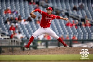 Nebraska Cornhusker pitcher Will Walsh (30) throws a pitch against the Oregon Ducks in the seventh during the Big Ten Baseball Tournament on Saturday, May 24, 2025 in Omaha, Nebraska. Photo by John S. Peterson.