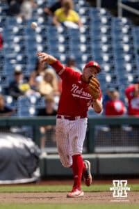 Nebraska Cornhusker infielder Josh Overbeek (4) throws to first for an out against the Oregon Ducks during the Big Ten Baseball Tournament on Saturday, May 24, 2025 in Omaha, Nebraska. Photo by John S. Peterson.