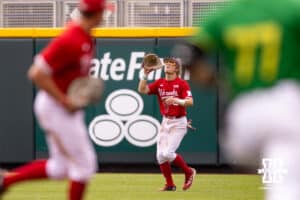 Nebraska Cornhusker outfielder Robby Bolin (5) makes a catch for an out against the Oregon Ducks during the Big Ten Baseball Tournament on Saturday, May 24, 2025 in Omaha, Nebraska. Photo by John S. Peterson.