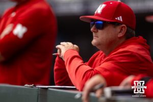 Nebraska Cornhuskers head coach Will Bolt watching the action on the field against the Oregon Ducks during the Big Ten Baseball Tournament on Saturday, May 24, 2025 in Omaha, Nebraska. Photo by John S. Peterson.