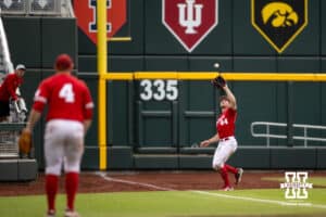 Nebraska Cornhusker outfielder Gabe Swansen (44) makes an out against the Oregon Ducks during the Big Ten Baseball Tournament on Saturday, May 24, 2025 in Omaha, Nebraska. Photo by John S. Peterson.