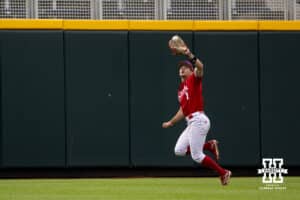 Nebraska Cornhusker outfielder Riley Silva (1) makes a catch for an out against the Oregon Ducks in the sixth inning during the Big Ten Baseball Tournament on Saturday, May 24, 2025 in Omaha, Nebraska. Photo by John S. Peterson.