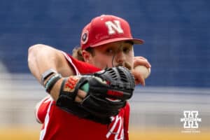 Nebraska Cornhusker pitcher Jackson Brockett (33) throws a pitch against the Oregon Ducks in the sixth inning during the Big Ten Baseball Tournament on Saturday, May 24, 2025 in Omaha, Nebraska. Photo by John S. Peterson.