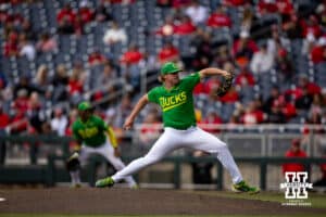 Oregon Duck pitcher Ryan Featherston (46) throws a pitch against the Nebraska Cornhuskers in the fifth inning during the Big Ten Baseball Tournament on Saturday, May 24, 2025 in Omaha, Nebraska. Photo by John S. Peterson.
