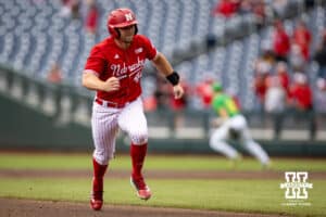 Nebraska Cornhusker outfielder Gabe Swansen (44) runs home against the Oregon Ducks in the fifth inning during the Big Ten Baseball Tournament on Saturday, May 24, 2025 in Omaha, Nebraska. Photo by John S. Peterson.