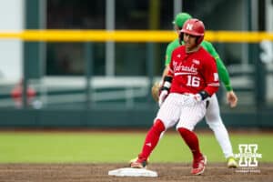 Nebraska Cornhusker Devin Nunez (16) doubles the in the fourth inning against the Oregon Ducks during the Big Ten Baseball Tournament on Saturday, May 24, 2025 in Omaha, Nebraska. Photo by John S. Peterson.