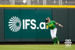 Oregon Duck outfielder Mason Neville (26) makes an out against the Nebraska Cornhuskers in the fourth inning during the Big Ten Baseball Tournament on Saturday, May 24, 2025 in Omaha, Nebraska. Photo by John S. Peterson.