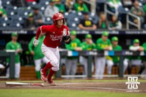 Nebraska Cornhusker catcher Hogan Helligso (10) double scoring Robby Bolin in the second inning against the Oregon Ducks during the Big Ten Baseball Tournament on Saturday, May 24, 2025 in Omaha, Nebraska. Photo by John S. Peterson.