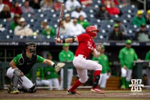 Nebraska Cornhusker outfielder Robby Bolin (5) singles in the second inning against the Oregon Ducks during the Big Ten Baseball Tournament on Saturday, May 24, 2025 in Omaha, Nebraska. Photo by John S. Peterson.