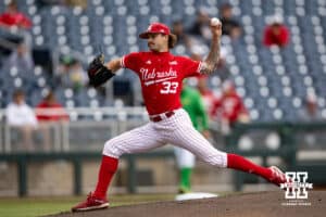 Nebraska Cornhusker pitcher Jackson Brockett (33) throws a pitch against the Oregon Ducks in the first inning during the Big Ten Baseball Tournament on Saturday, May 24, 2025 in Omaha, Nebraska. Photo by John S. Peterson.