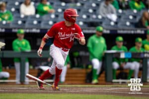 Nebraska Cornhusker utility Case Sanderson (14) doubles the in first inning against the Oregon Ducks during the Big Ten Baseball Tournament on Saturday, May 24, 2025 in Omaha, Nebraska. Photo by John S. Peterson.